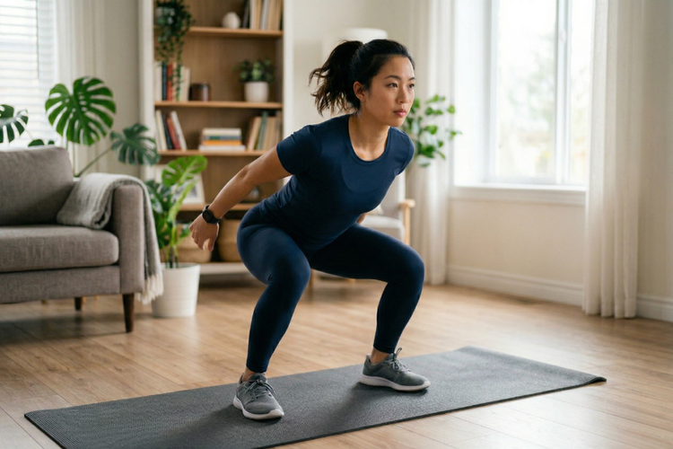 Woman in a squat position on an exercise mat preparing for a squat jump.