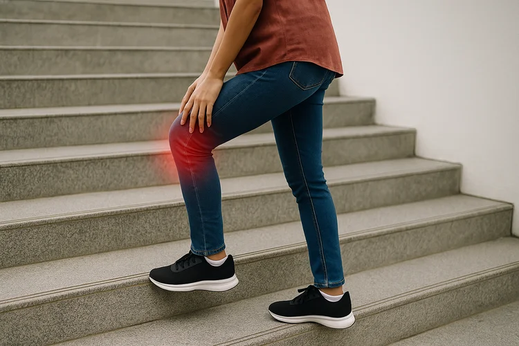 Asian woman climbing stairs holding knee in discomfort, suggesting knee pain during stair activity.