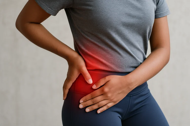 Woman clutching outer hip with red highlight indicating discomfort caused by common hip conditions.