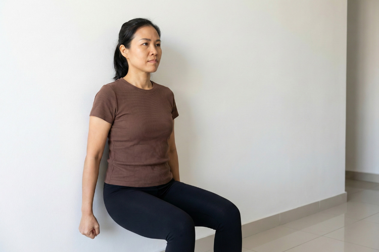 Woman performing a wall squat to strengthen quadriceps and gluteal muscles to prevent knee pain.