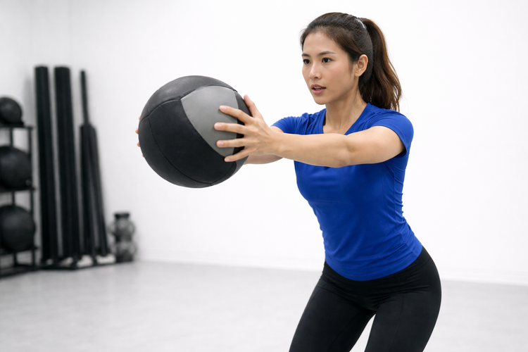 Woman performing a medicine ball chest pass plyometric exercise in a gym setting.