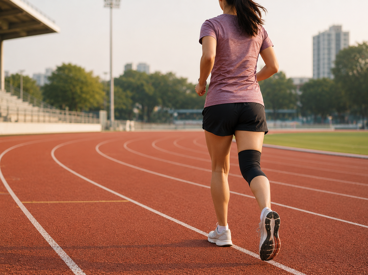 Woman wearing a knee support running on a track during plica syndrome recovery.