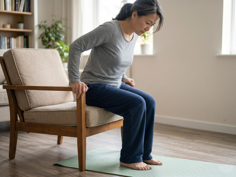Middle-aged woman with knee osteoarthritis easing up from a chair at home.