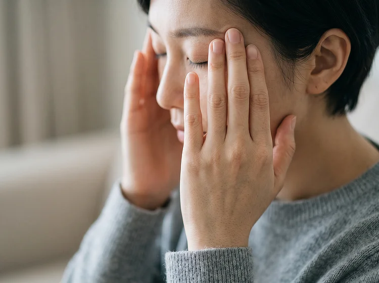 Woman with her eyes closed pressing her fingers to her temples.