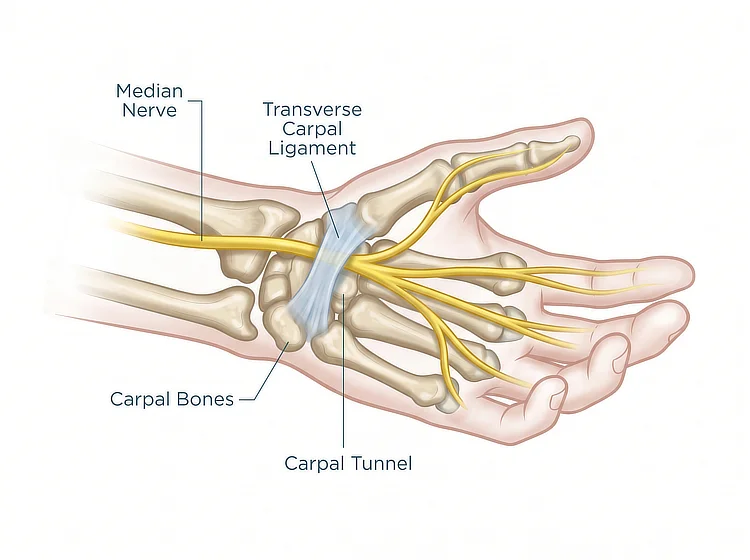 Diagram of the median nerve running through the carpal tunnel in the wrist.